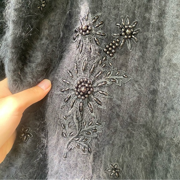 Phoenix Black Angora Rabbit Fur Open Coat Floral Embellishments - Picture 4 of 6